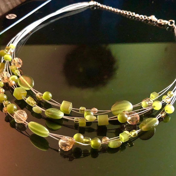 3/$32 Y2K Layered Olive Green Acrylic Beaded Silvertone Memory Wire Bib Necklace - Picture 2 of 9